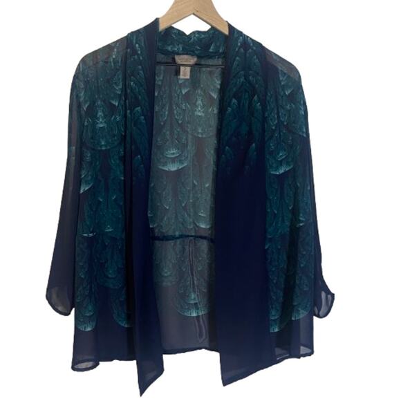 Chico's Easywear Open Front Cardigan Blue Teak Green Sheer Long Sleeve Top Sz L - Picture 1 of 7